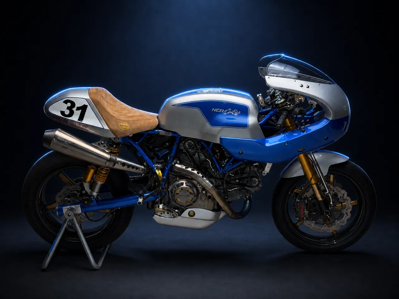 Right side profile of NCR New Blue number twelve, lit from above