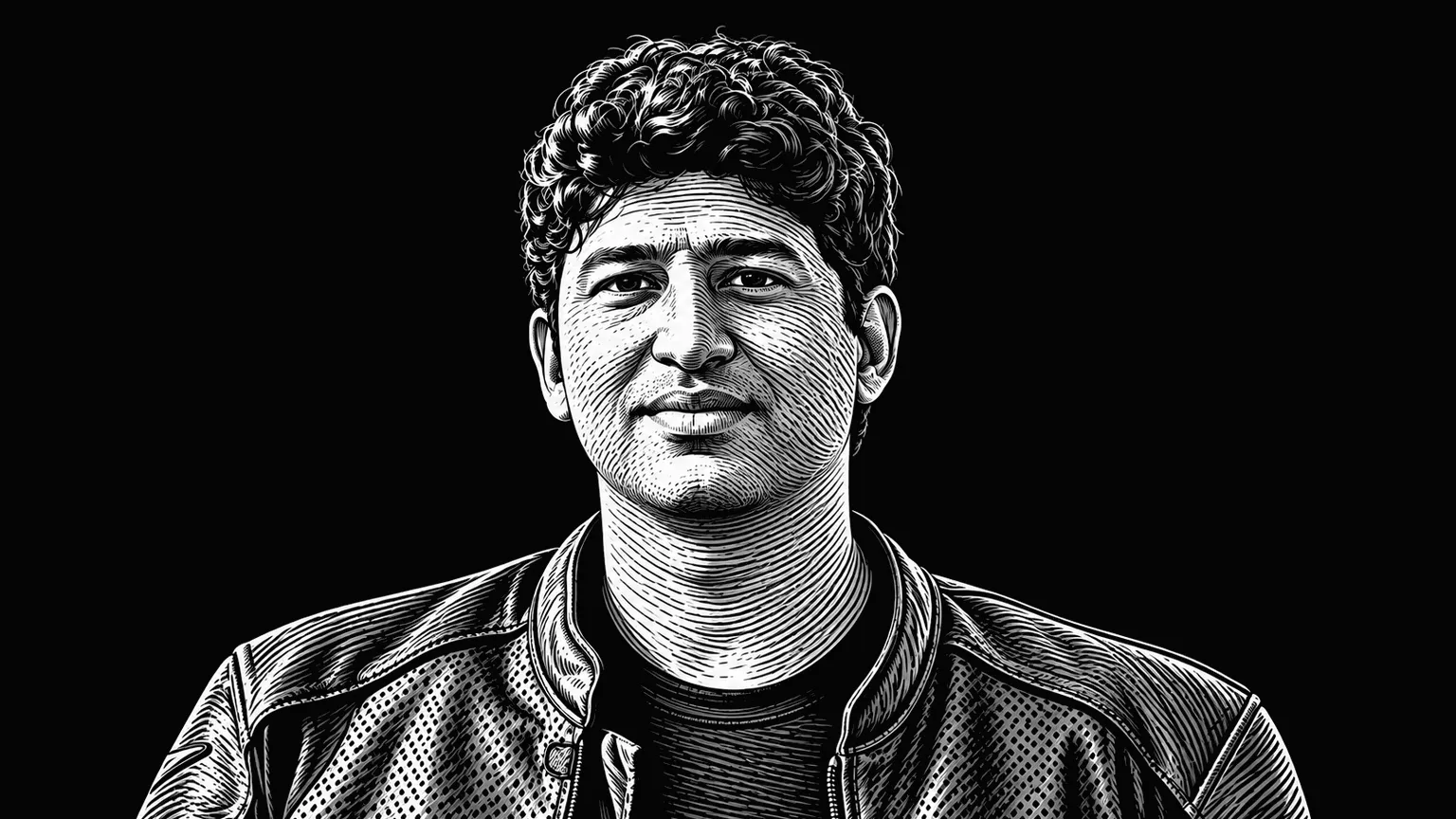 Abhi Eswarappa in a black leather jacket over a black T-shirt, engraved after a photograph