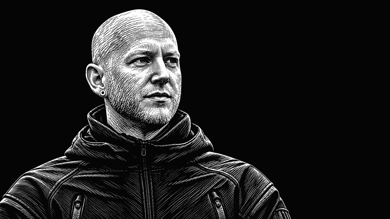Geoff Baldwin in a black hooded riding jacket, engraved after a photograph