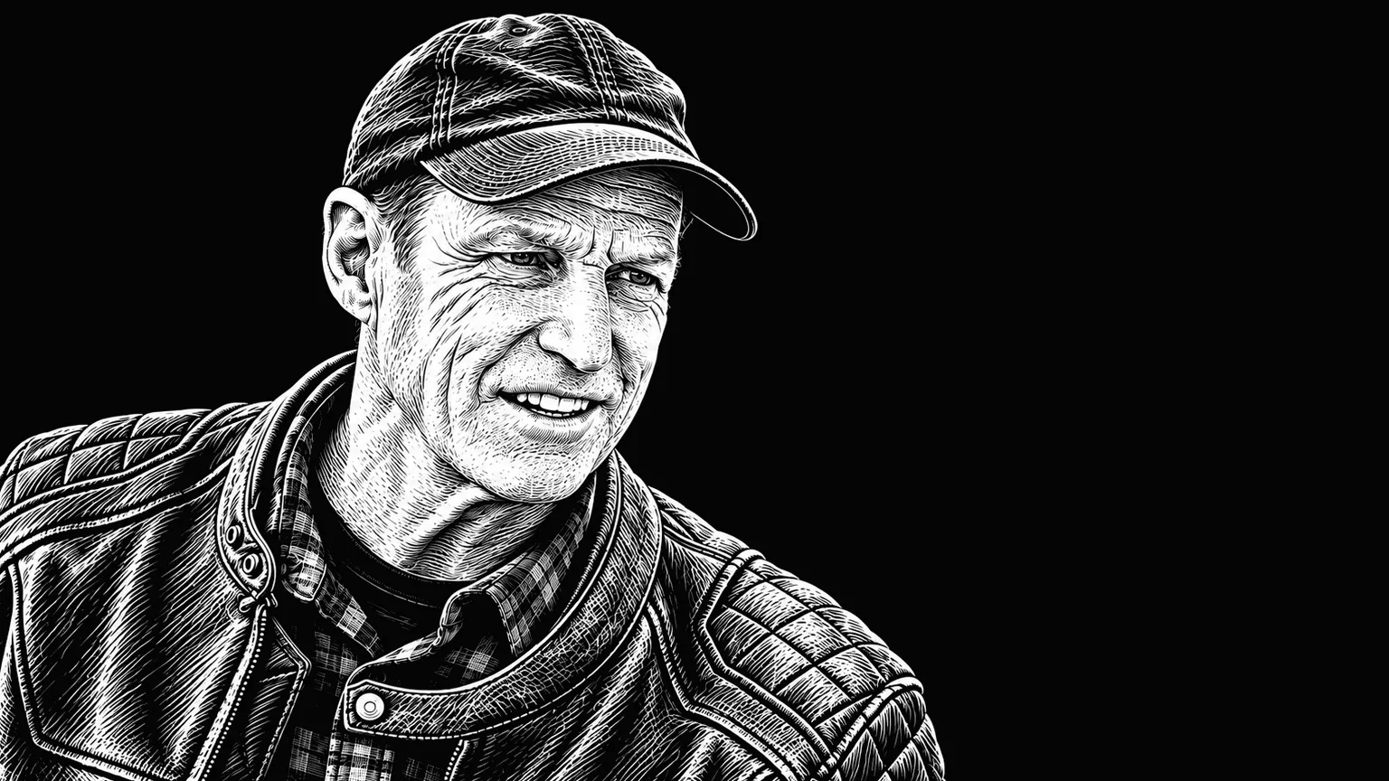 John L. Stein in a cap and leather jacket over a plaid shirt, engraved after a photograph