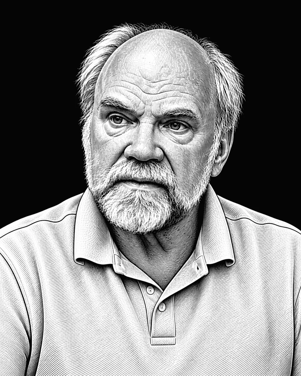 Kevin Cameron in a light polo shirt, engraved after a photograph