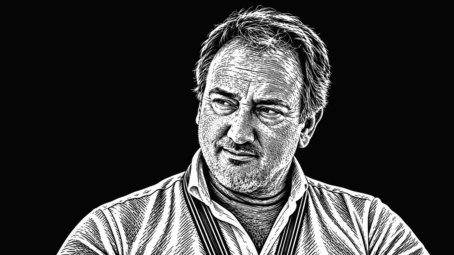 Michael Lock in an open-collar shirt and striped lanyard, engraved after a photograph