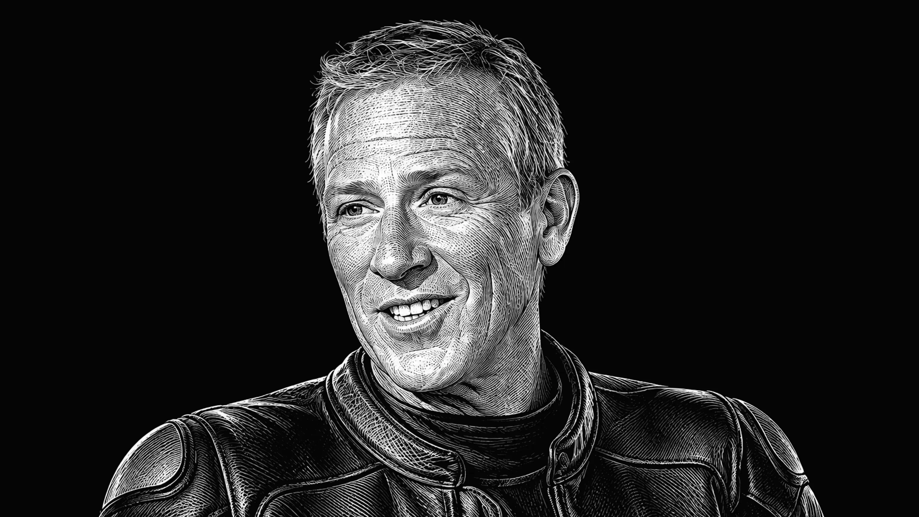 Nick Ienatsch in racing leathers, engraved after a photograph