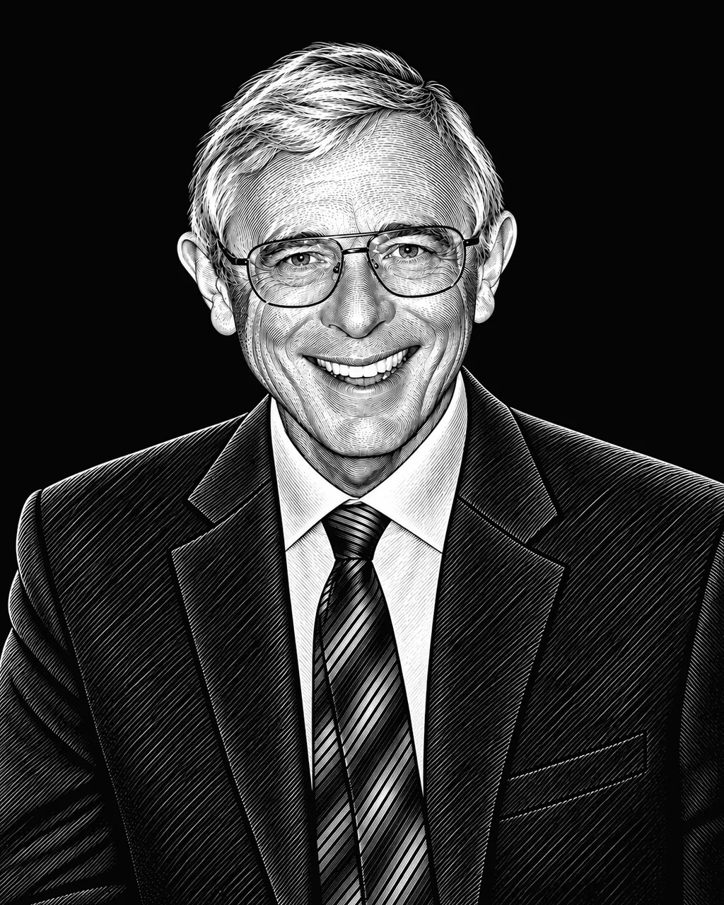 Phil Schilling in a charcoal suit, striped tie and eyeglasses, engraved after a photograph