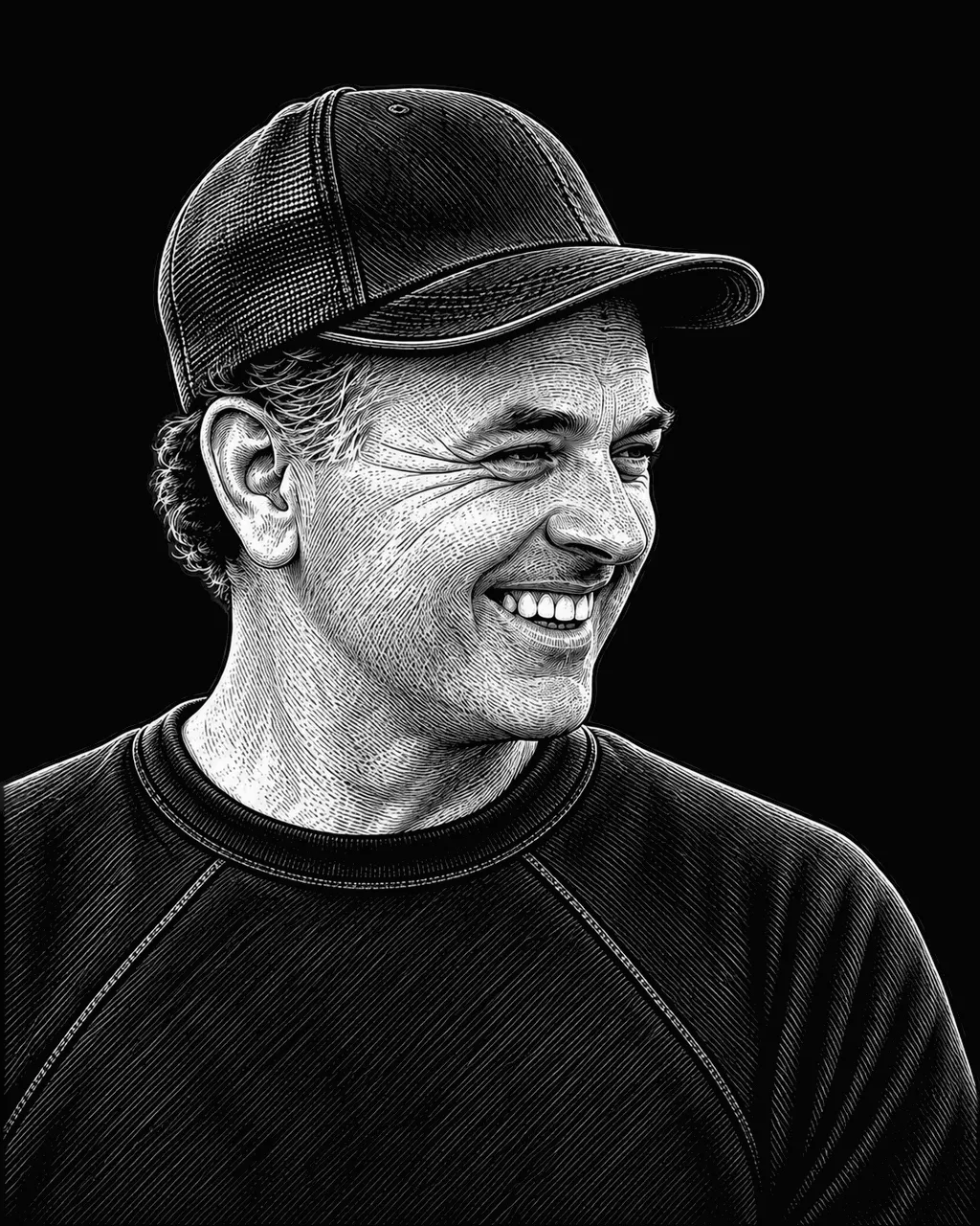 Reno Leoni in a plain cap and dark sweatshirt, engraved after a photograph