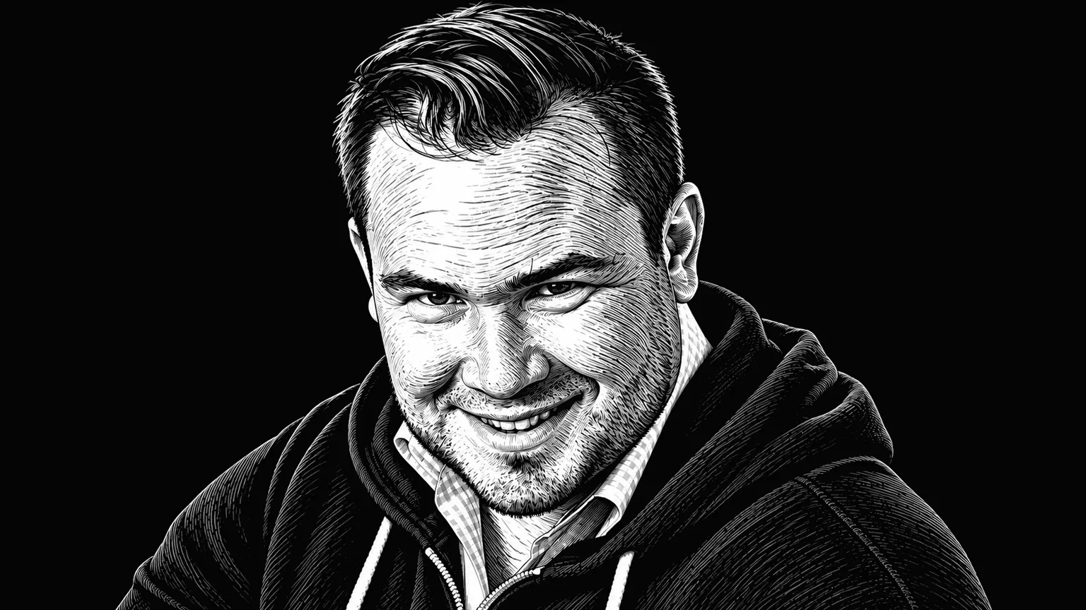 Tigh Loughhead in a black zip hoodie over a gingham-collared shirt, engraved after a photograph