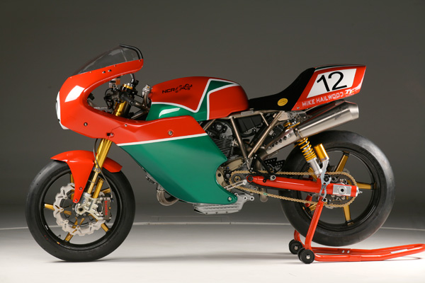 The Mike Hailwood TT in red and green, three quarters from the front