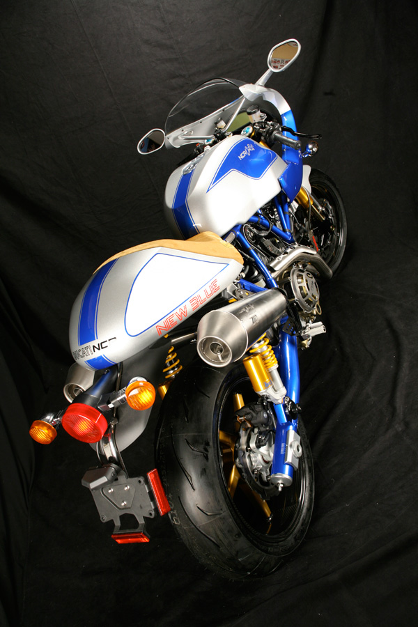 The New Blue upright in silver and blue, front three quarters